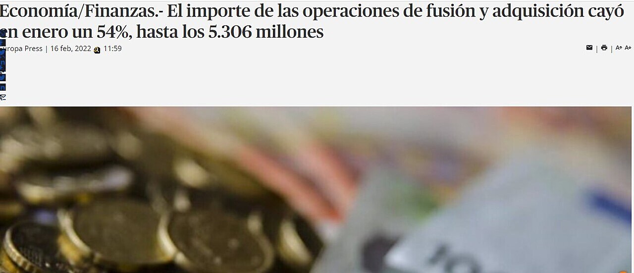 Economa/Finanzas.- El importe de las operaciones de fusin y adquisicin cay en enero un 54%, hasta los 5.306 millones